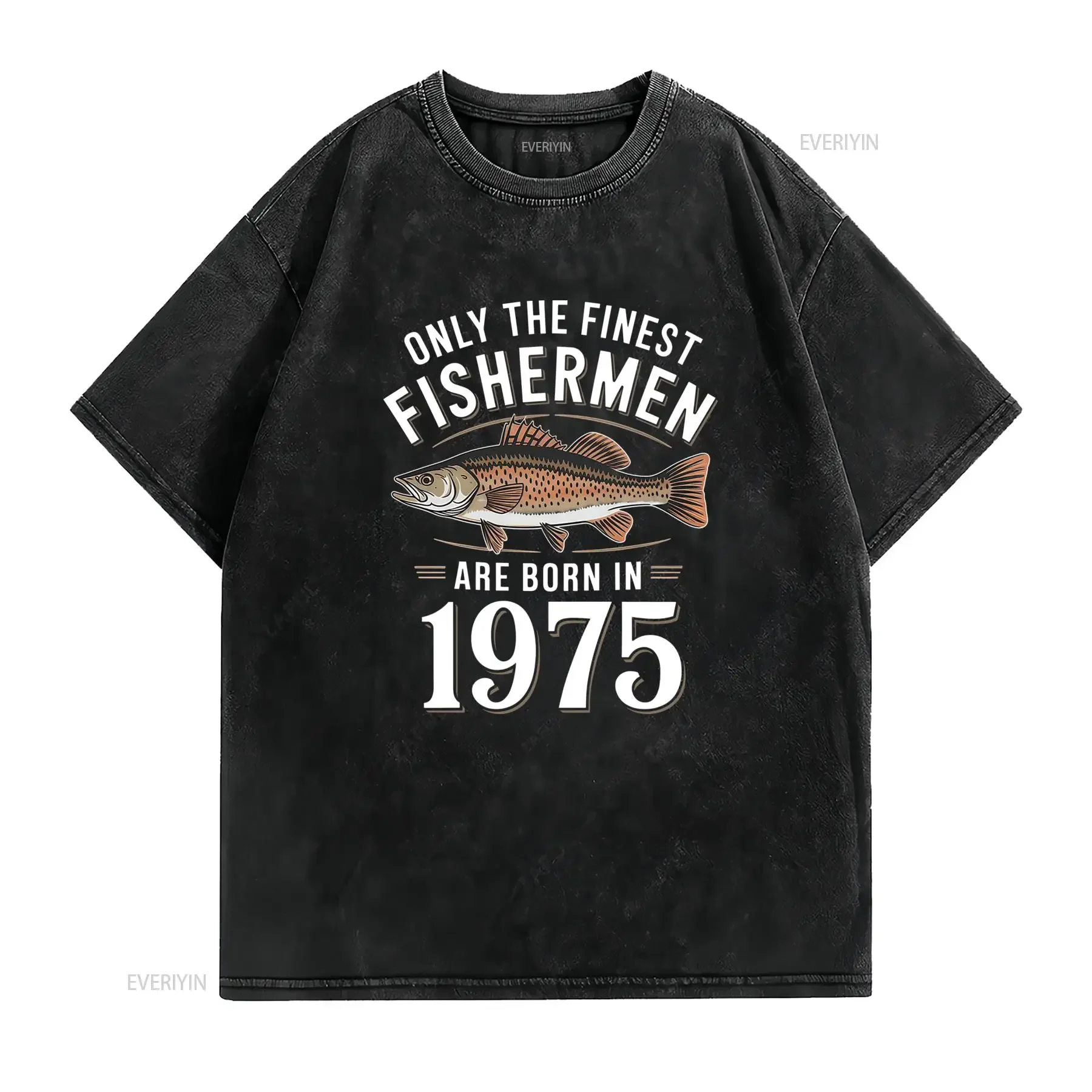Vintage Finest Fisherman Born 1975 Bass Fish Print Outdoor Casual T Shirt vintage Washed Top For Everyday Wear designer clothes