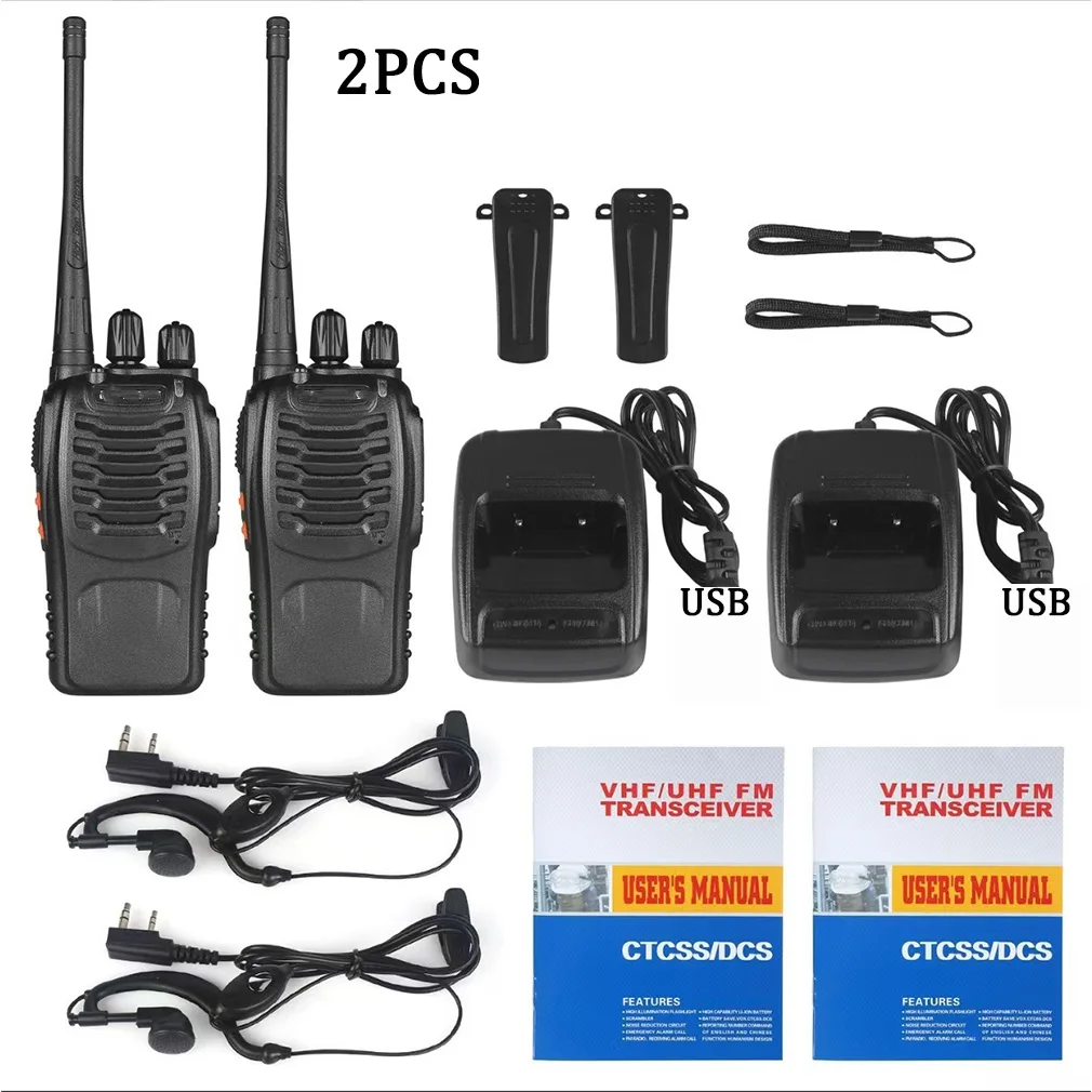 2PCS Portable Walkie Talkie For 8-8-8-S Frequency Long Range USB Rechargeable 2-Way Walkie Talkie+ Headset FM Radio Transceiver