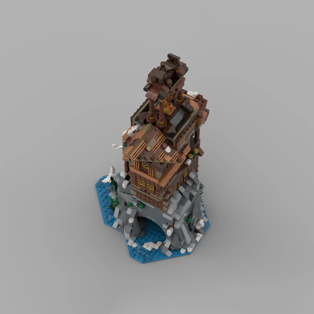 MOC Street View Viking Vuurtoren rotsachtige outcrop in de zee DIY creatieve Retro kind Speelgoed Verjaardagscadeau bouwstenen 23143