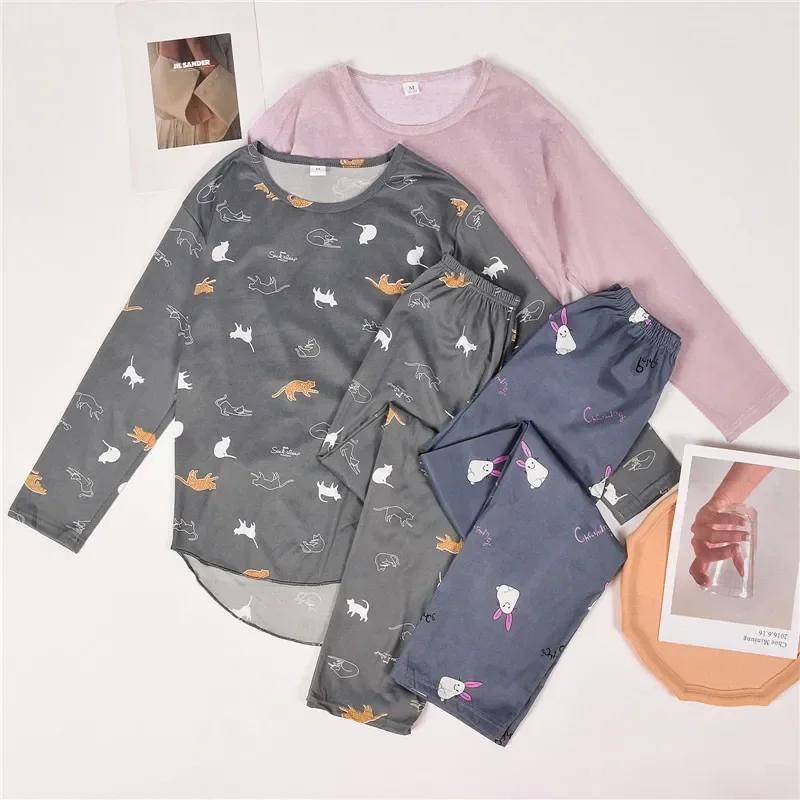 Women Cute Cartoon Spring Autumn Long-sleeved Trousers Pajamas Set Casual Large Size Sleepwear Ladies Cotton Homewear Clothes