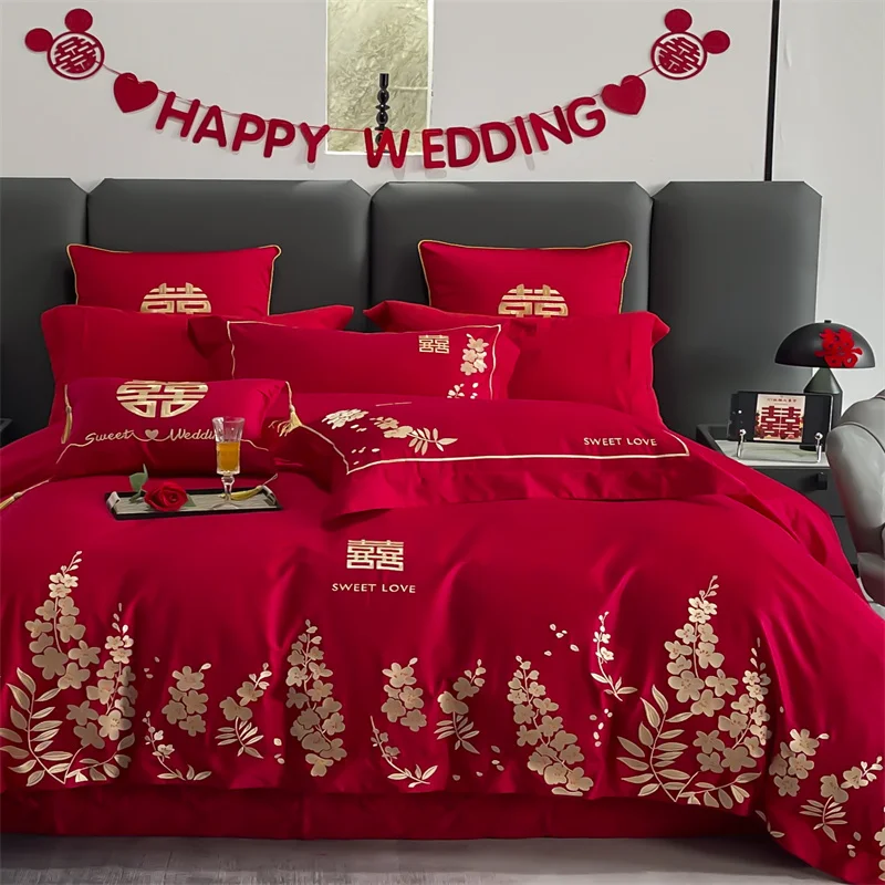 Chinese Red Embroidery Craft Cotton Bedding Set Duvet Cover Linen Fitted Sheet Pillowcases Home Textile