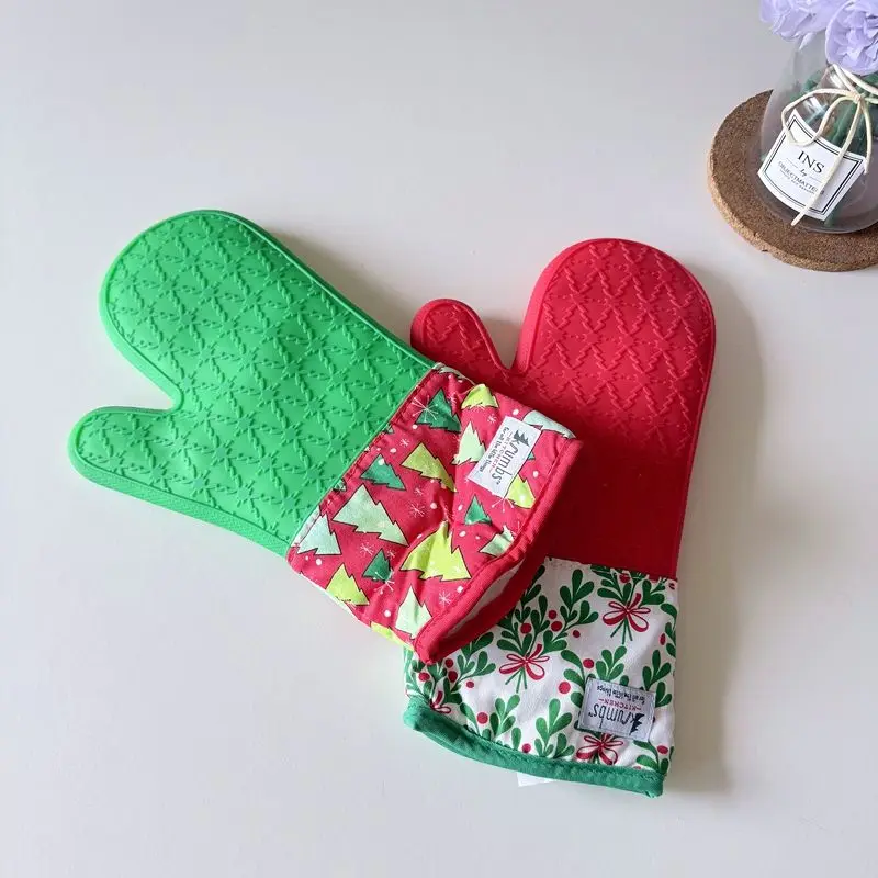 Christmas Print Anti-heat Gloves Microwave Oven Heat Insulation Thickened Kitchen Accessories Baking Gloves Silicone Oven Mitts