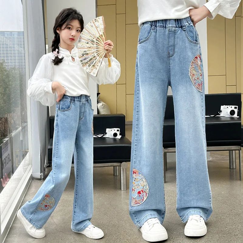 Girls Jeans Loose Simple Teenage Kids Wide Leg Trousers Blue Casual Elastic Waist Straight Leg Pants 12 13 Year Children Clothes