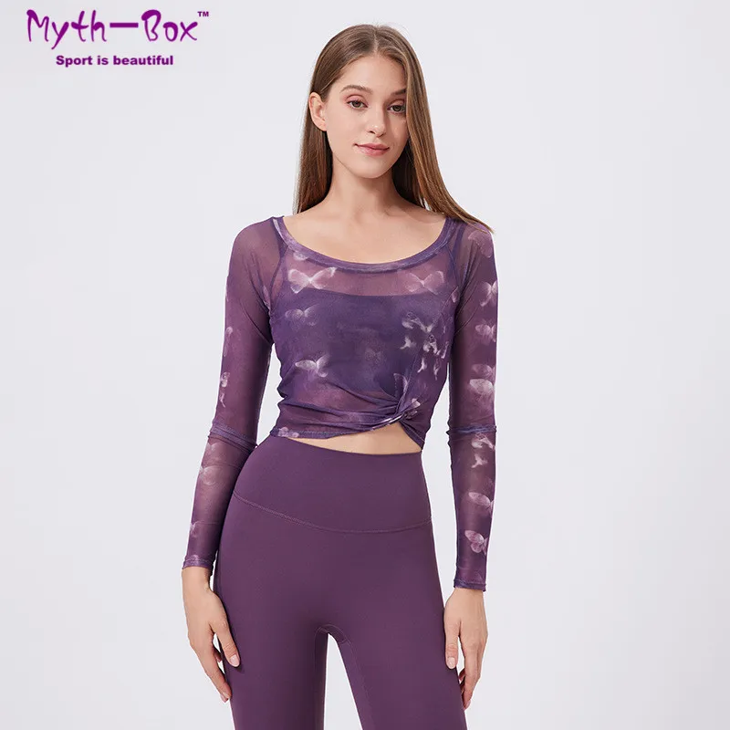 Women Padded Yoga Sports Shirts Fake Two-Piece Undershirts Thin Mesh Long Sleeves Running Sweatshirts Slim Gym Fitness Tops Bra