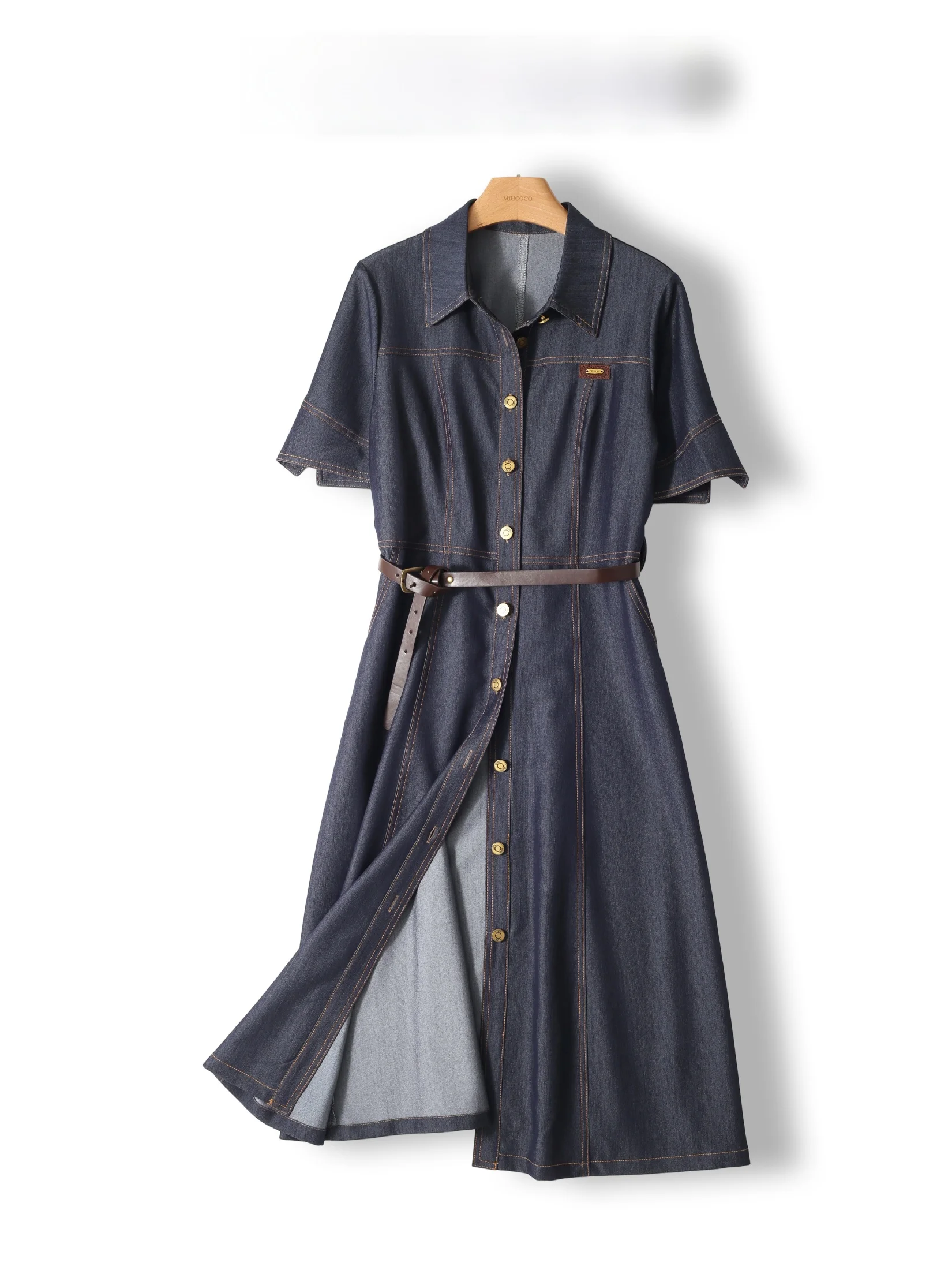 

Casual Style Women's Denim Shirt Dress Soft Cotton Short Sleeve Commute Friendly Fitted Waist Design Button up Skater Dress