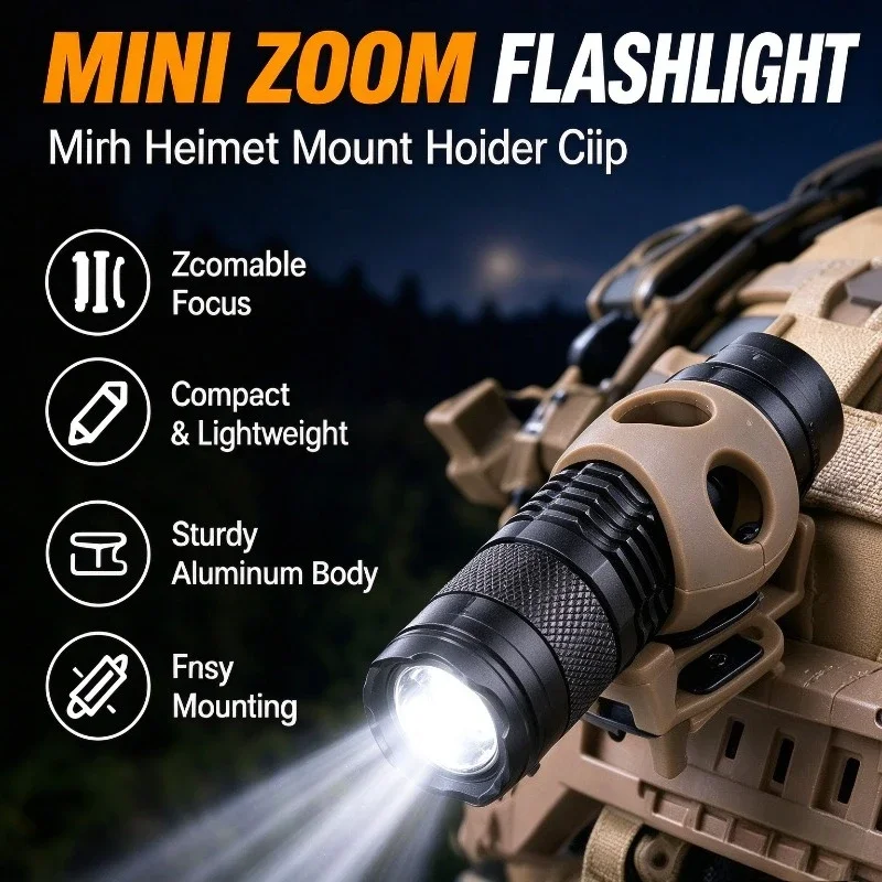 Compact Zoomable Aluminum Torch, Detachable Helmet Fasten Clip Bracket, Handheld Lighting Gear for Hiking Simulation Activity