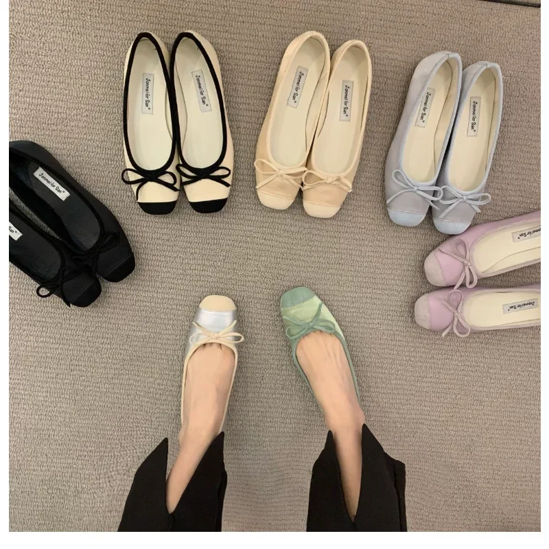 Elegant Woman Classic Square Toe Bowtie Ballerina Flats Ladies Soft Loafers Comfortable Low Heels Shallow Mouth Ballet Shoes