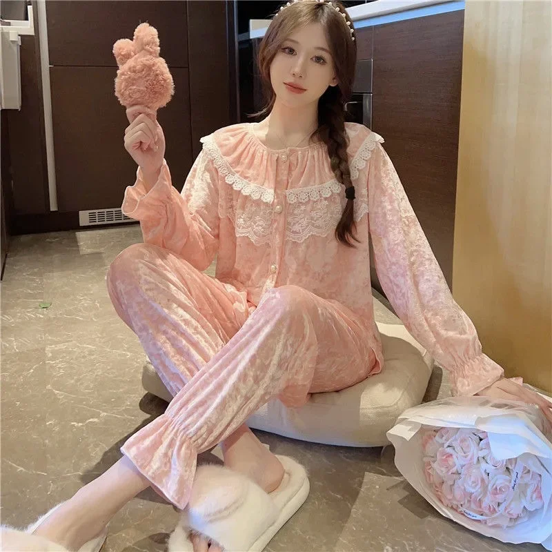 2024 New Gold Velvet Pajama Women's Autumn Apricot Cardigan Loungewear Sweet Ladies Outerwear Autumn Winter Sleepwear Set