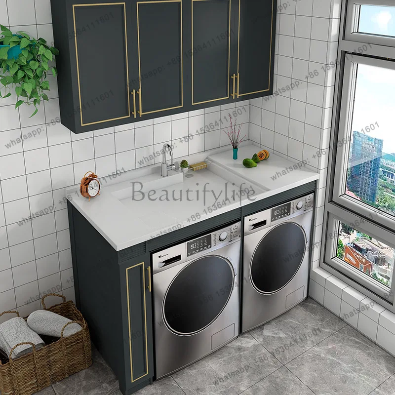 Balcony drying and washing double-position cabinet, basin on the counter, drum washing machine and dryer integrated cabinet