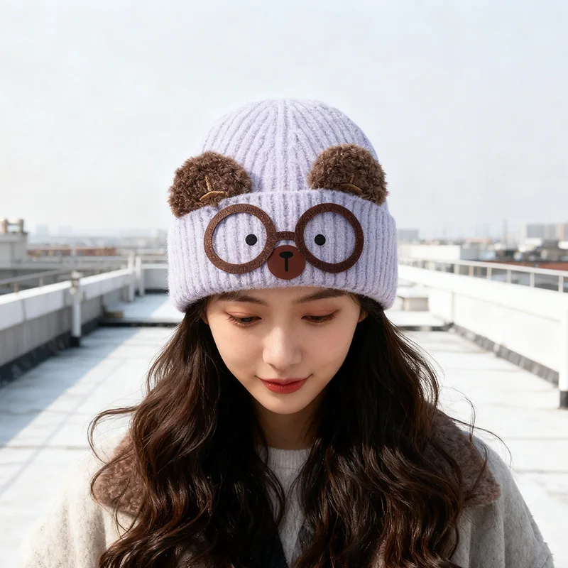 Cute Bear Ear Knitted Caps Women's Autumn And Winter Keep Warm Cartoon Bear Glasses Ear Protector Beanie Hats