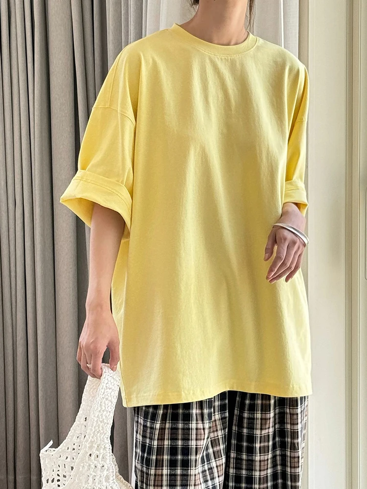 LANMREM Minimalism Loose T-shirt For Women Solid Round Neck Short Sleeve Casual Loose Tops Fashion 2024 Summer New 26D9393