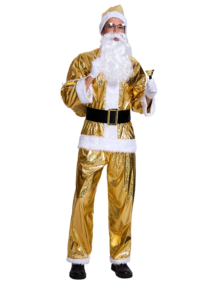 Gold Santa Claus Costume Men's Gold Beard Top Cloth Pants Hat Belt Beard Halloween Costume Set Role Playing Holiday Costume 2025