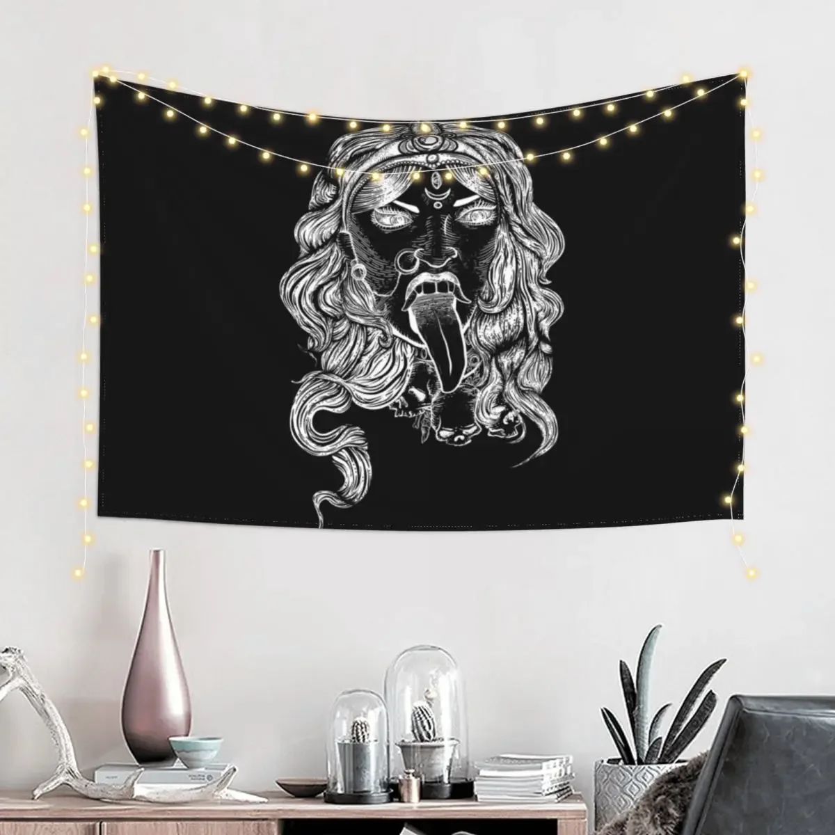 Kali Ma Illustration, Destroyer of Evil, Hand drawn Hindu Goddess Tapestry Aesthetic Decoration Christmas Decoration Tapestry