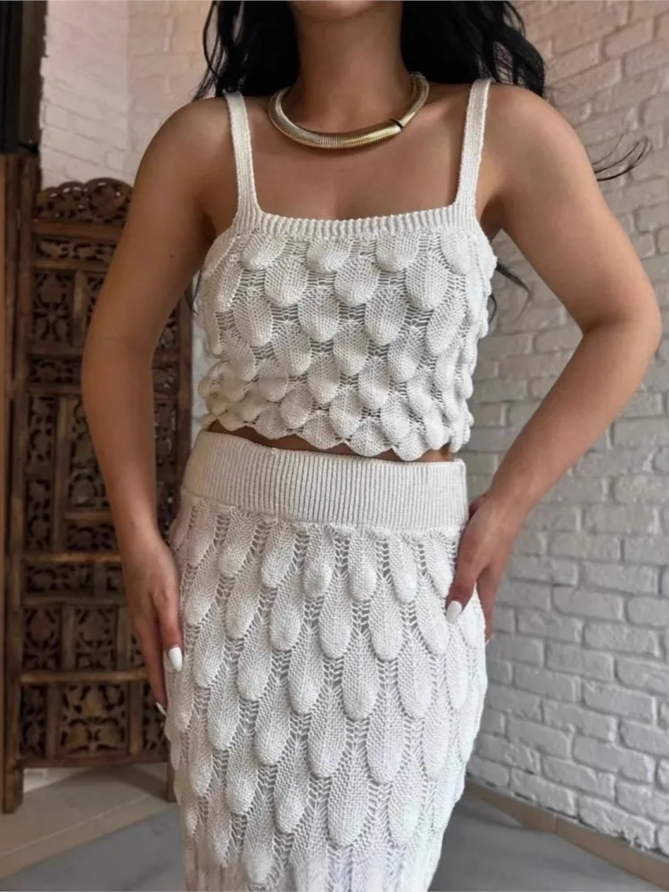 Knitted Hollow Square Neck Vest And Tight Skirt Two-piece Set 2026 Summer New Fashionable White Sexy Skirt Matching Set Female