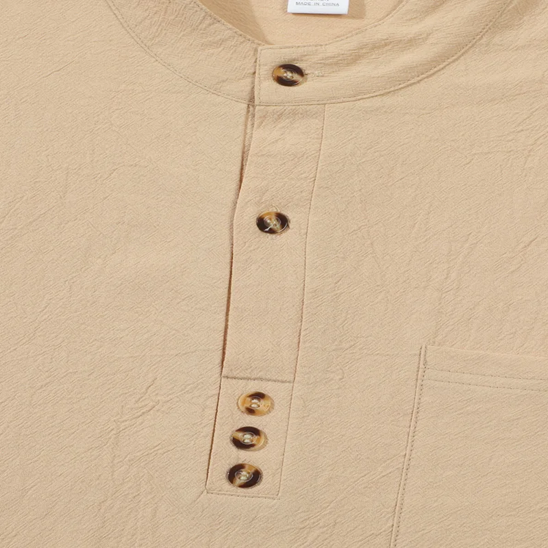 2026 Frühling Herbst Herren Baumwoll-Leinen Langarm-Stehkragenhemd mit Brusttasche, locker sitzend, einfarbig, für Freizeit, Strand, Alltag und Büro – Detail 6