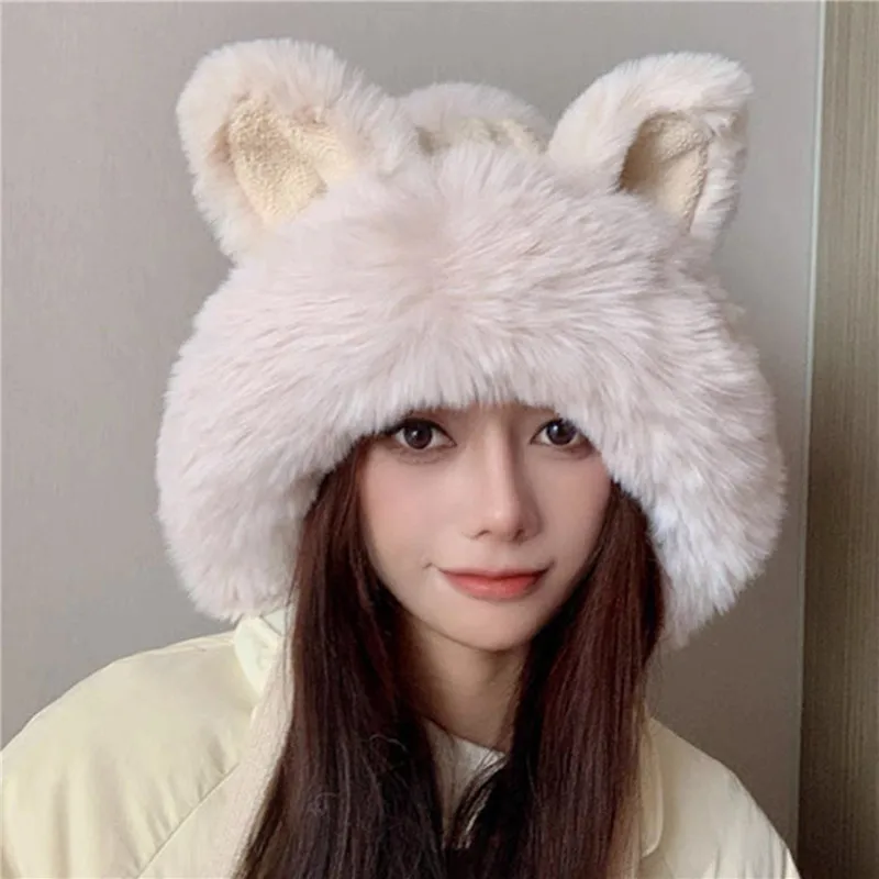 Fox Ear Hat Female Winter Sweet and Cute Knitted Woolen Lei Feng Hat Plush Thick and Warm Northeast Mongolian Hat Ear Protection