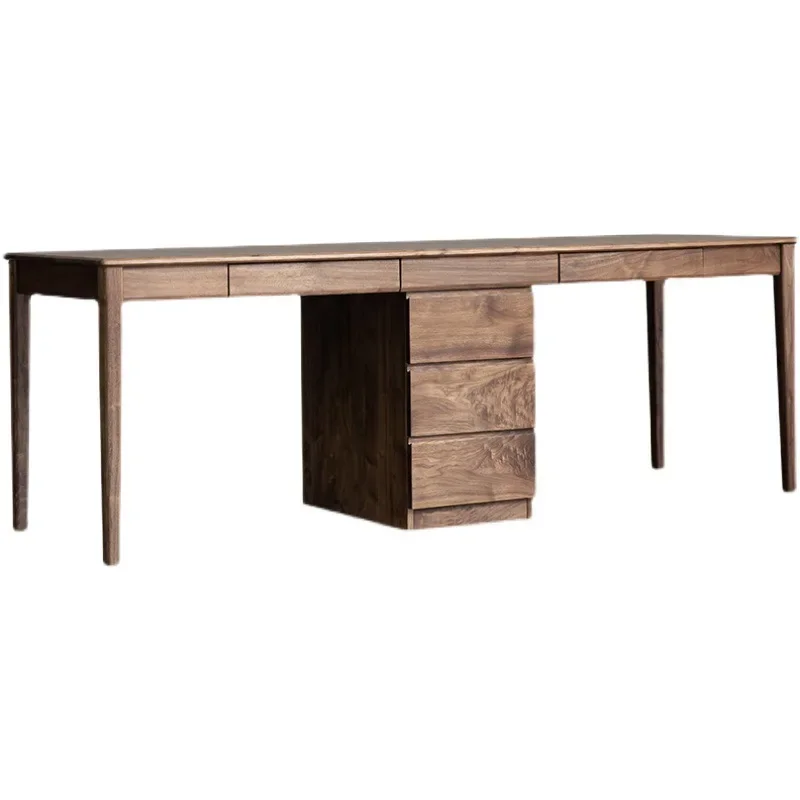 Nordic all solid wood desk, book chair, black walnut double desk, integrated against the wall,