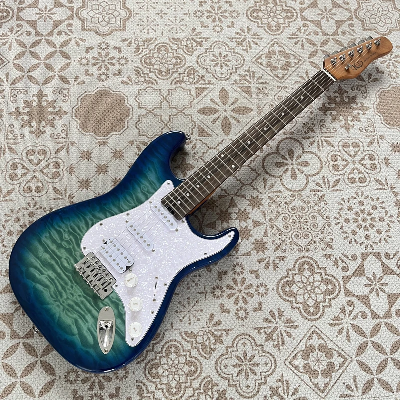 High-quality 6-string electric guitar, wave pattern, gradient blue, stainless steel frets, S-S-H pickups, in stock free shipping