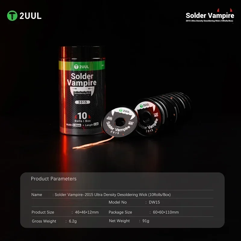2UUL DW15 10 개/상자 구리 브레이드 디 솔더링 윅 ​​BGA PCB 마더 보드 납땜 수리를위한 초고속 잔류 납땜 없음