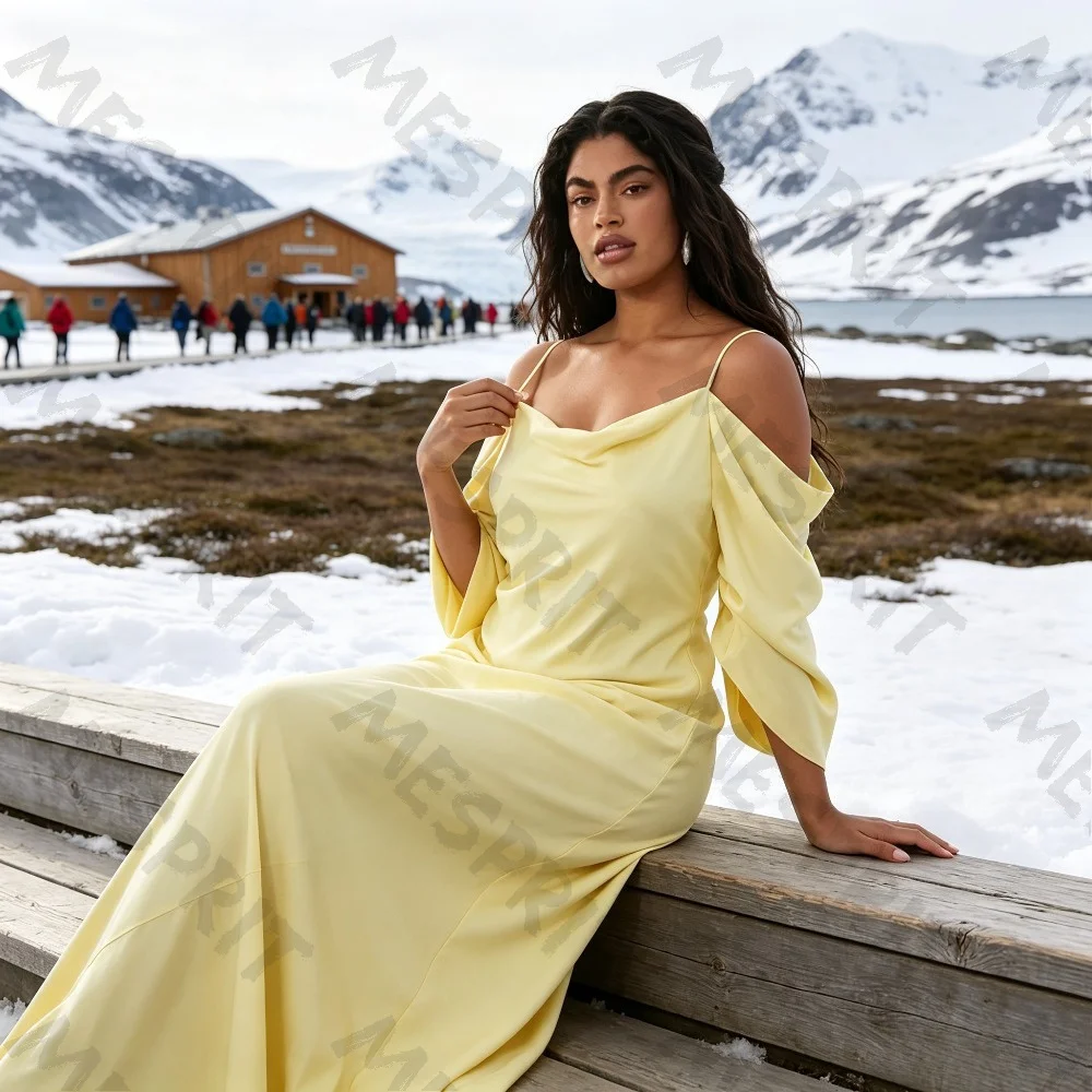 Customized Yellow Off Shoulder Satin Evening Dress 2026 Ruffle Sleeves and Pendant Mermaid Ball Gown Suitable for Dinner Parties