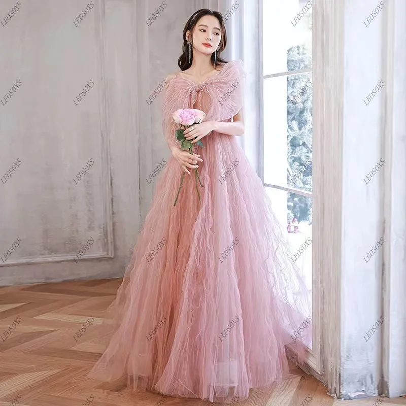 Fairy Pink Prom Dress Engagement Gowns Big Bow A Line Tulle France Vintage Sweet Korean Princess Fairy Dress Evening Party Dress