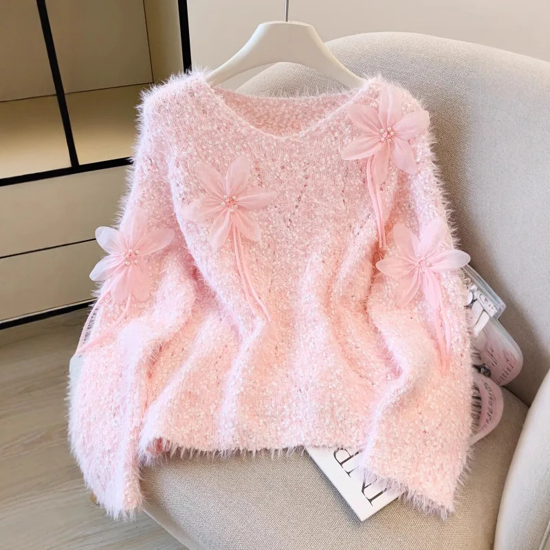 

Girl Sweater Faux Mink Fur V-Neck Flower Hood Tops New Autumn Winter Fashion Keep Warm French Style Women's Clothing Knitwear