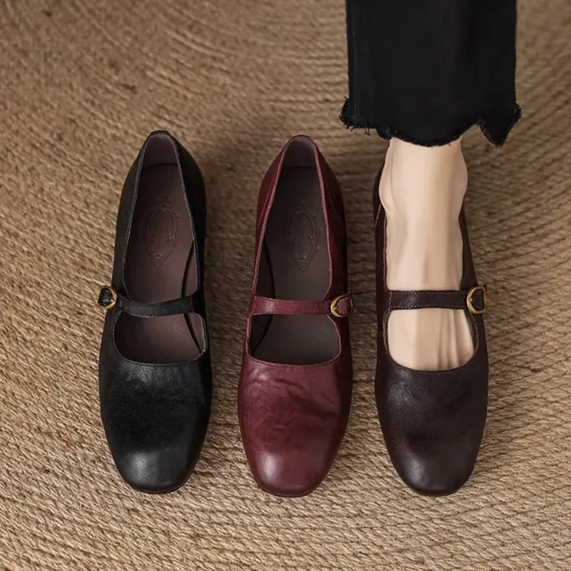 

Light Comfortable Mary Jane Shoes Women Fashion Square Heel Casual Flats Plus Size 42 Soft Leather Ballet Flats Zapatos De Mujer