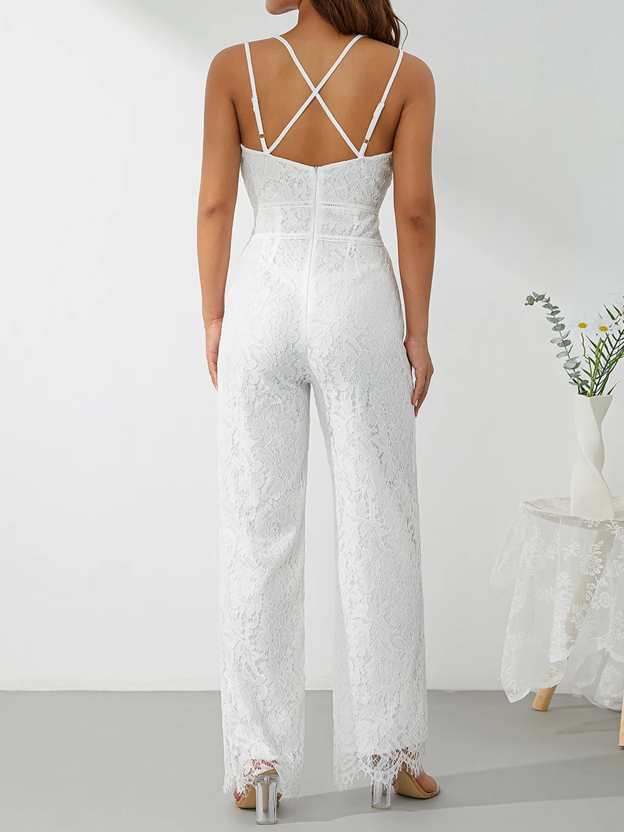 Elegant Women Jumpsuit Spaghetti Straps V Neck Solid Color Lace Open Back Wide-leg Jumpsuits Long Playsuit Streetwear Y2k Summer