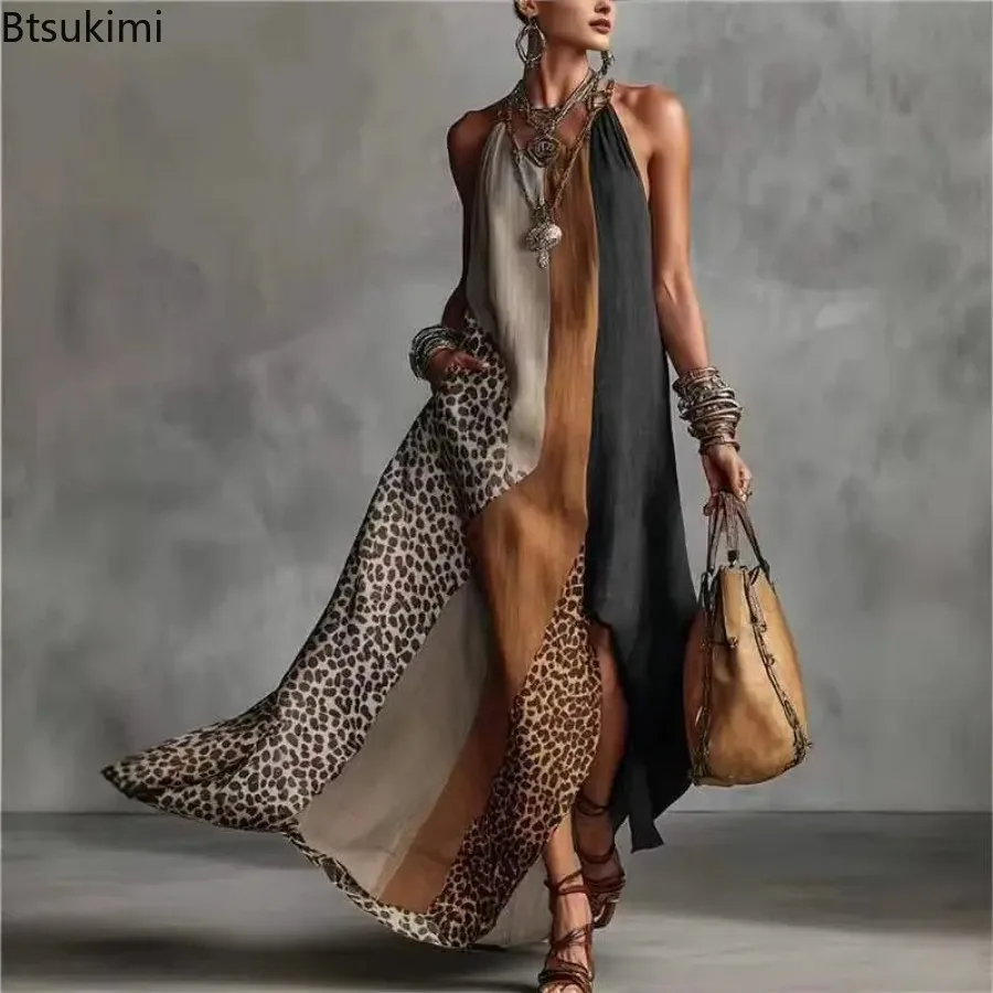 2026 Neue Damen Patchwork Tierdruck Elegante Partykleider Sommer Neckholder-Kleid mit Schlitz Ärmelloses Urlaubs-Maxikleid