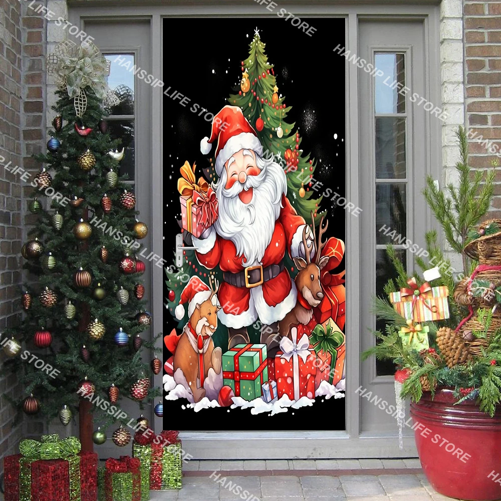 Christmas Festival Door Sticker Home Decoration Removable Creative Snowman Bells Mural Wall Art Decals for Entrance Door Bedroom