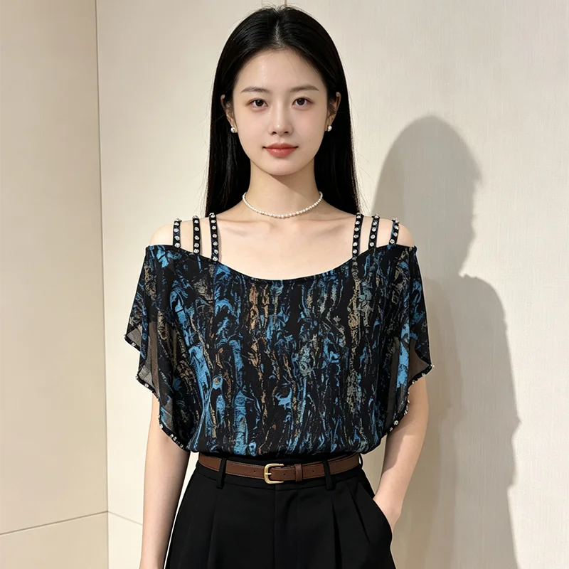 Design Sexy Off Shoulder Chiffon Shirt for Women Summer Suspender Diamond Tee Temperament Loose Top New Ladies T-shirt