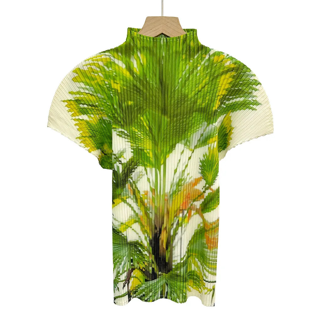Fold Miyake Pleated Short Sleeve Blouse Women Palm Leaf Print High Neck 2026 Summer Spring Weekend Travel Key Statement Piece