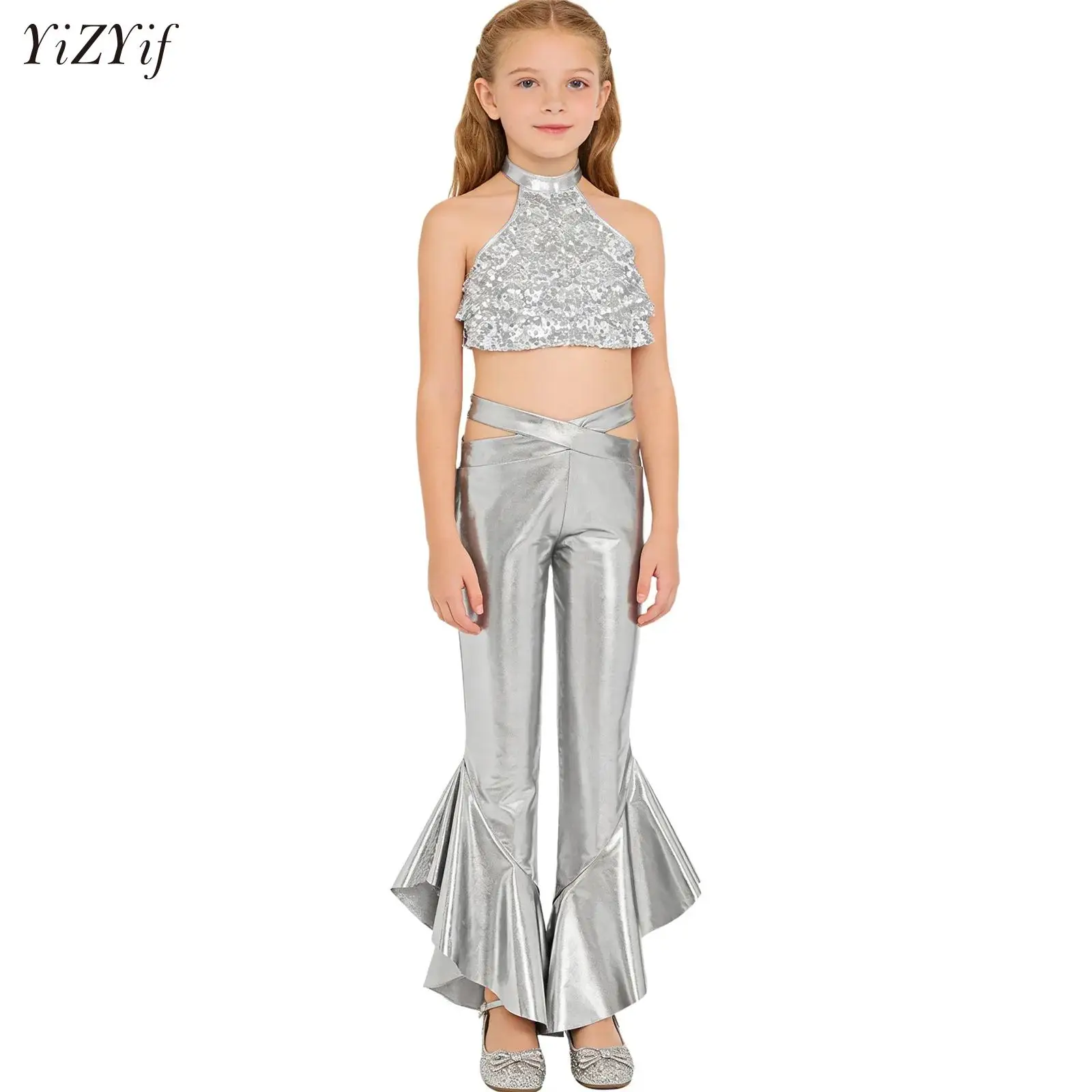 

Kids Girls Hip Hop Jazz Dance Disco Costume Metallic Shiny Crop Top with Flare Pants for School Street Show Carnival Theme Party
