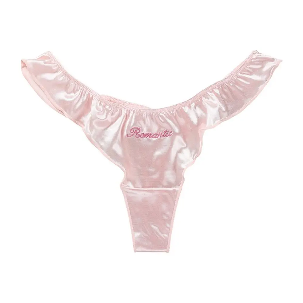 

Kawaii Letter Satin Silk Ruffle Thong Embroidery Seamless Ice Silk Panties Underpants Summer Briefs for Women Daily