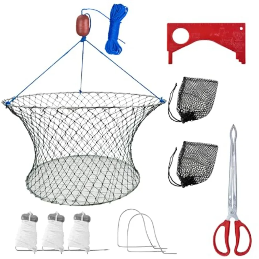 

Double Ring Crab Trap - Steel Ring Crab Net 24" Top 20" Bottom 50' Rope Clip Gauge for Dungeness Rock and Blue Crab