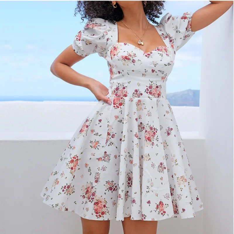 Floral print buttoned zipper mini sundress dress women's ruffled puff sleeve sexy off-the-shoulder elegant summer A-line dress