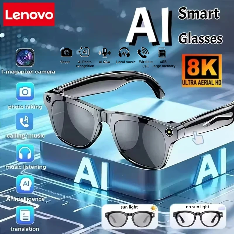 

Lenovo 8K HD AI Smart Glasses With 100MP Camera Chat GPT Touch Sport Sunglasses Bluetooth Calling Music Player For Men Women