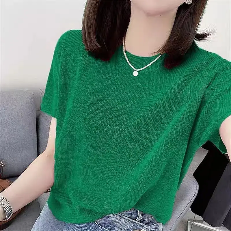 Korean Fashion Round Neck Solid Color Short Sleeved Knitted T-shirt Women\'s Summer New Slim Hollow Out Versatile Pullover Tops