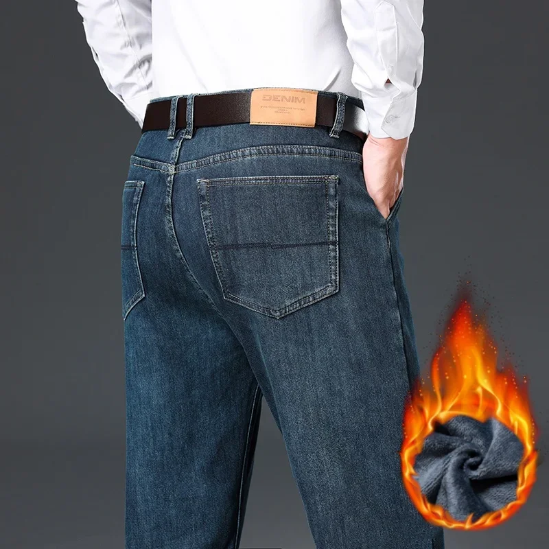 Winter Wool Lining Thickened Jeans Classic Men's Loose Straight Fleece Warm Business Casual Trousers Anti-freeze Denim Pants