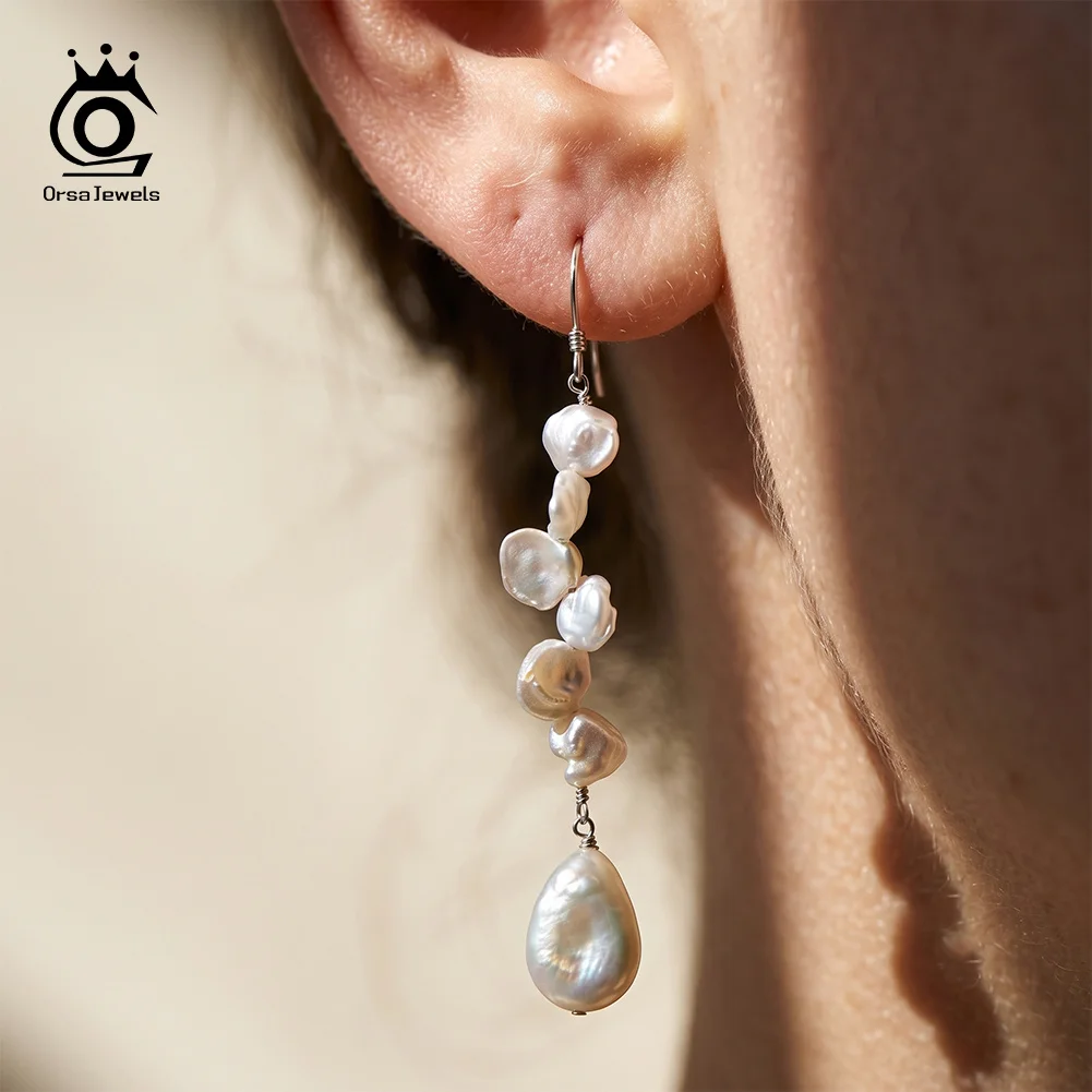 ORSA JEWELS Dainty Multi-Pearl Tassel Dangle Earrings 925 Silver Ear Hook Teardrop End Pearl Ear‑Ornament As Ladies Gift GPE158