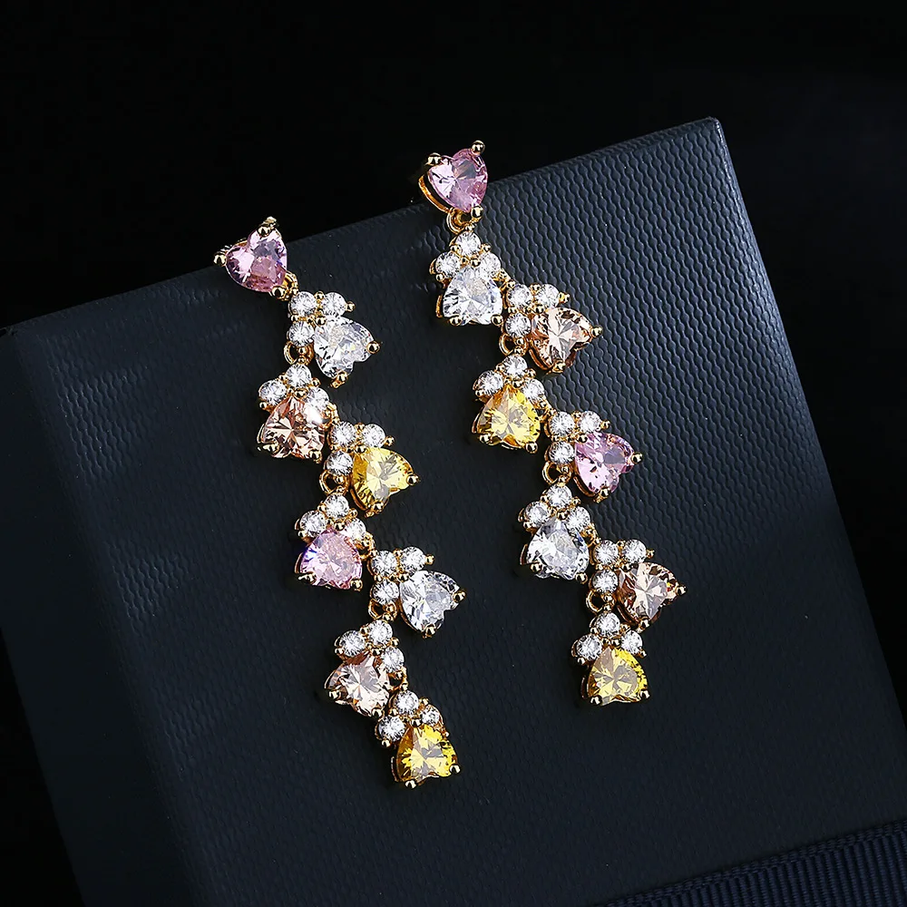 925 Silver Exquisite Zircon Color Love Long Earrings Tassel Luxurious Temperament Colorful Zircon Stud Earrings Party Gift