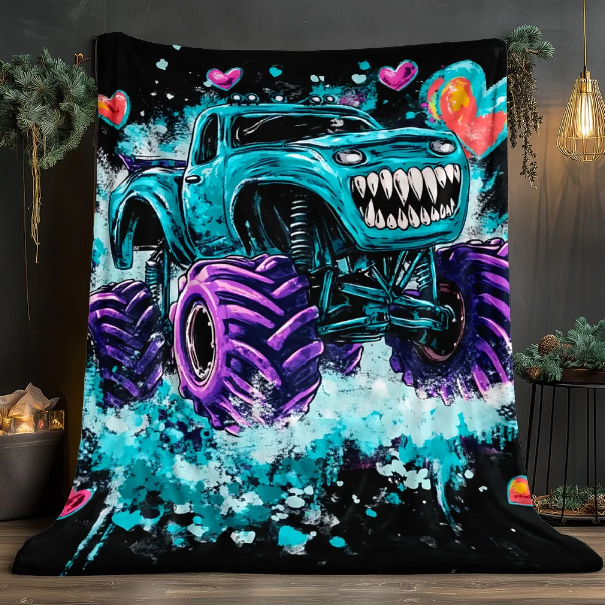 Monster Truck with Sharp Teeth and Hearts Design Fleece Blanket Cool Car Print Plush Throw Blanket for Boys Teens Room Decor Fun