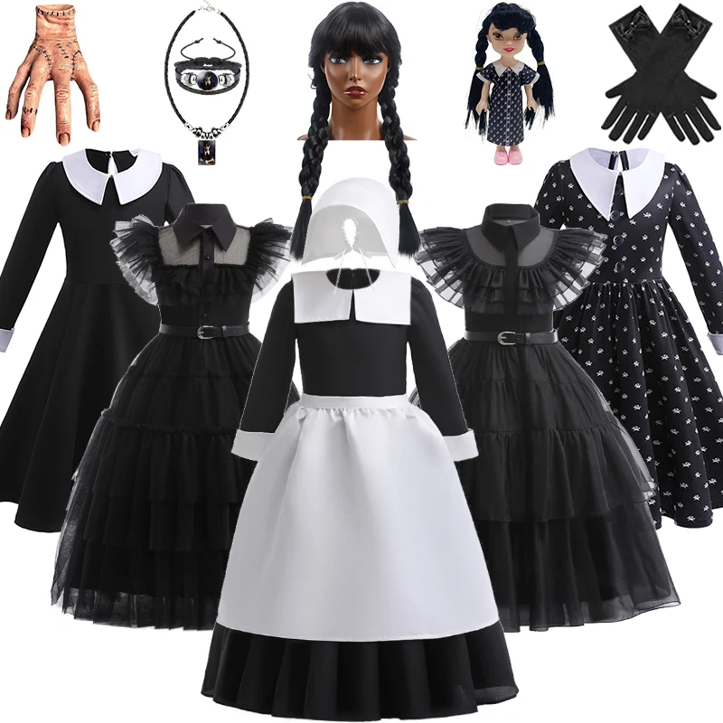 3-12Years Disguised Children Role Play Wednesday Addams Black Dress for Girls Carnival Birthday Party Masquerade Cosplay Costume