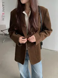 [LANMREM] Vintage Corduroy Fit Blazers For Women Notched Single Breasted Office Lady Minimalism Jackets 2024 Autumn New CP3428