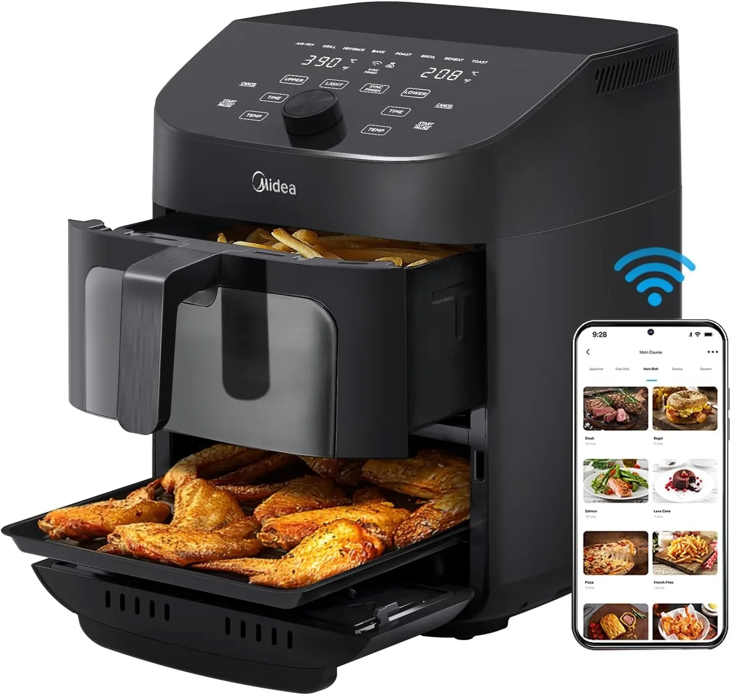 Stainless steel 10 air fryer, LED display, 10 preset cooking functions, ceramic non-stick coating, automatic closing