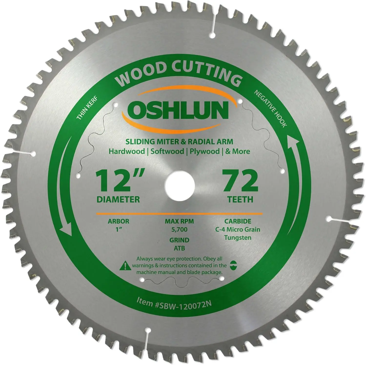 

12-Inch 72 Tooth Thin Kerf ATB Saw Blade with 1-Inch Arbor for Sliding Miter and Radial Arm Saws