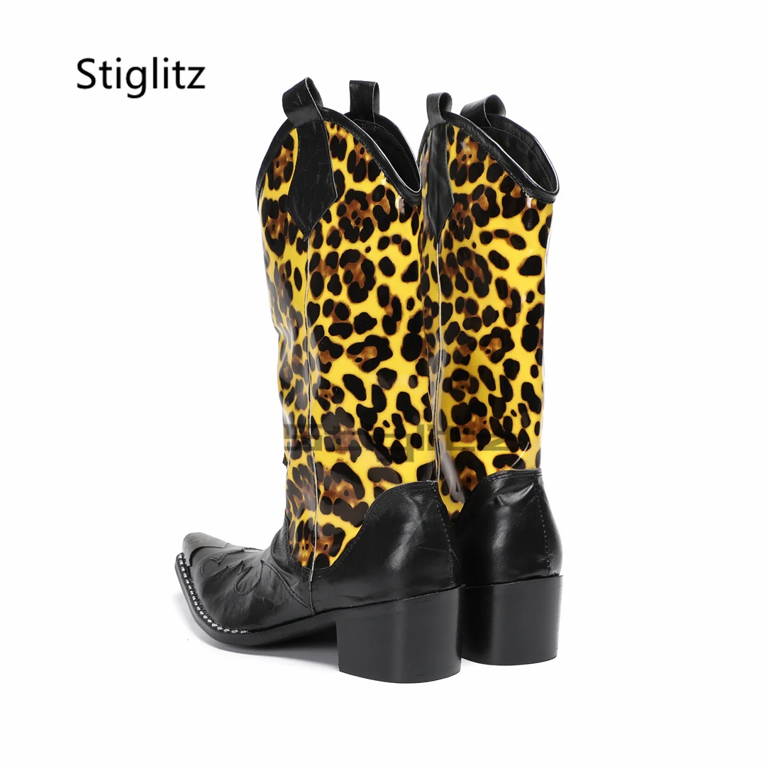 الرجال ليوبارد طباعة أحذية ركوب الخيل التطريز الطوطم جلد طبيعي عالية الكعب الأحذية الغربية Patckwork المعادن تو منتصف العجل الأحذية
