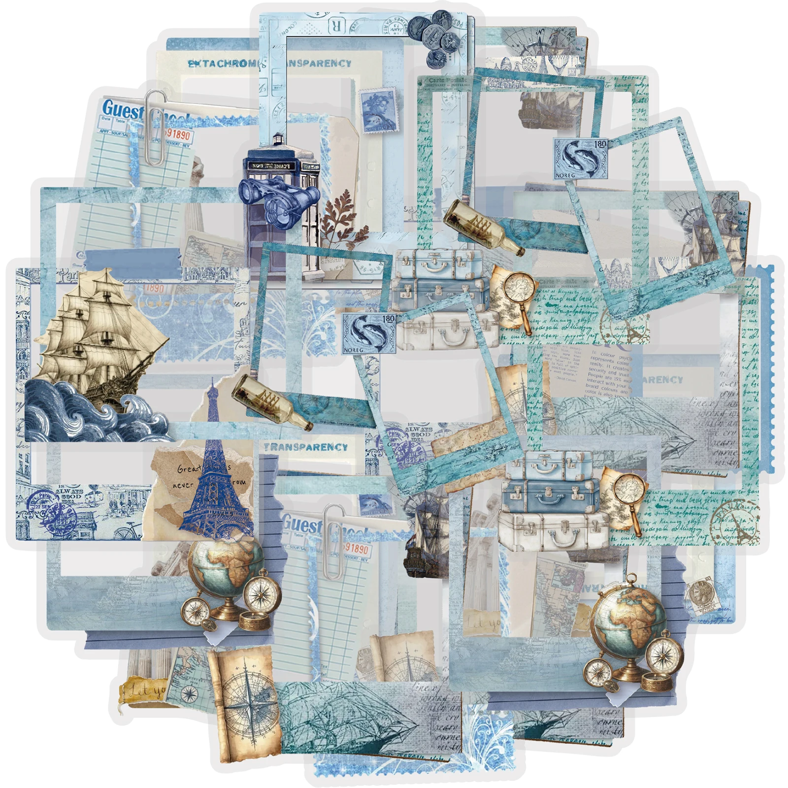 Etori Life Travel Echo 20 Stück Vintage Blues Journal Border Aufkleber, leere Notizaufkleber auf Reisen für Laptops, Telefonaufkleber, Koffer, Scrapbooking-Zubehör, Raumdekoration, Stempelalben,