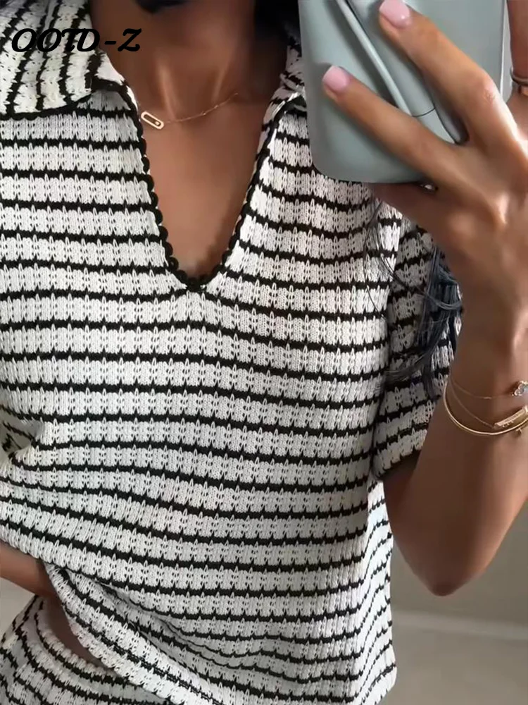Casual Women's Knit Striped Pullover Pants Set 2025 Loose Polo Collar Short Sleeve T-shirt Drawstring Wide Leg Pant Lady Outfit
