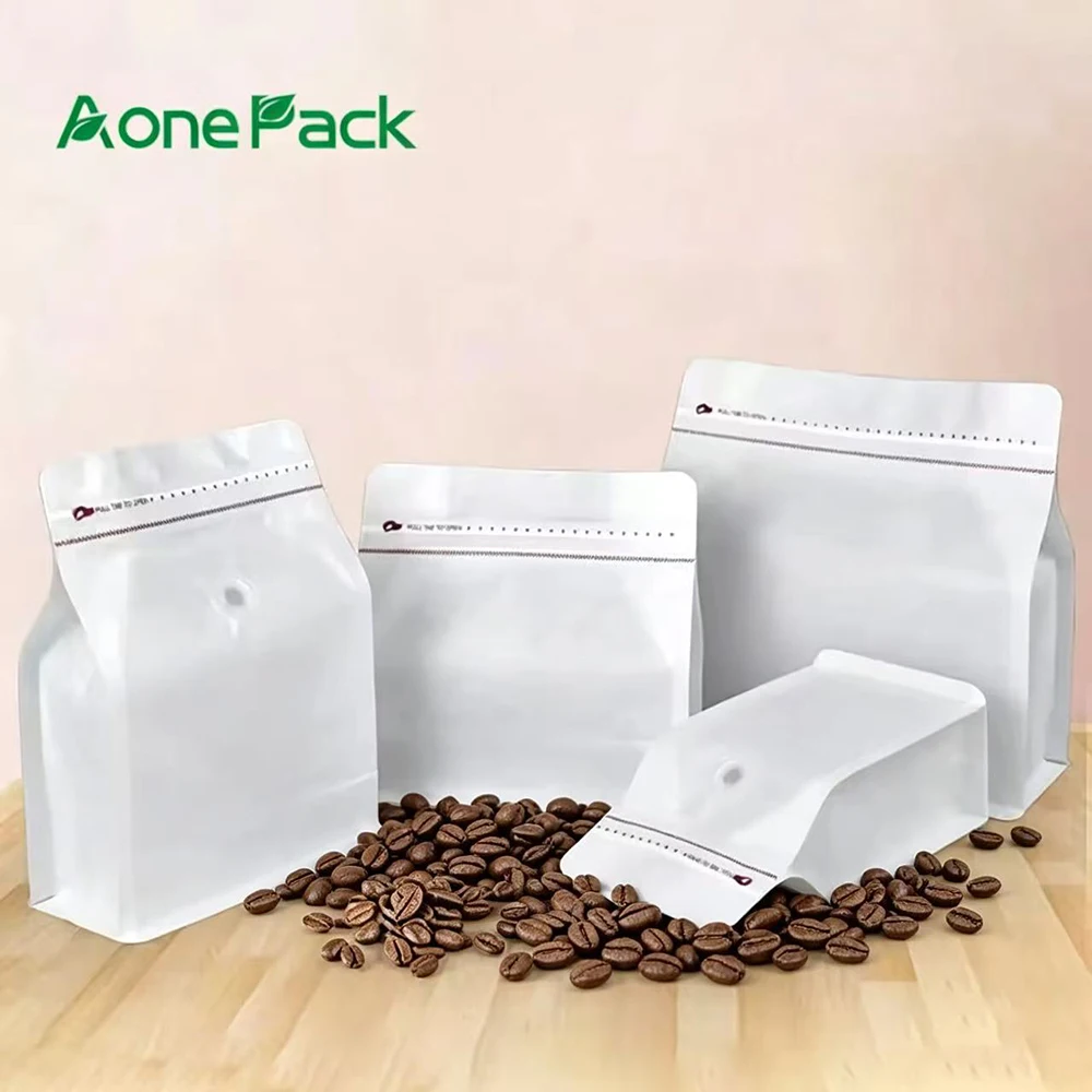 25pcs Recyclable White Cotton Paper PETPE Vertical Cube Coffee Bag One-Way Valve Easy-Tear Zipper Food Packaging for Tea Coffee